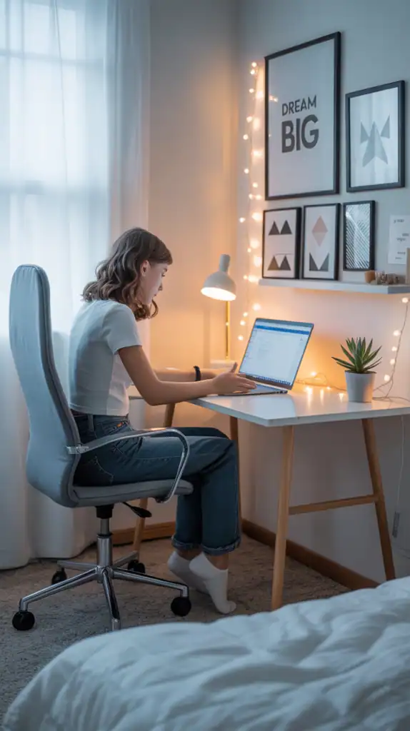 Stylish workstation setup with a clean desk, wall art, and a comfortable chair.