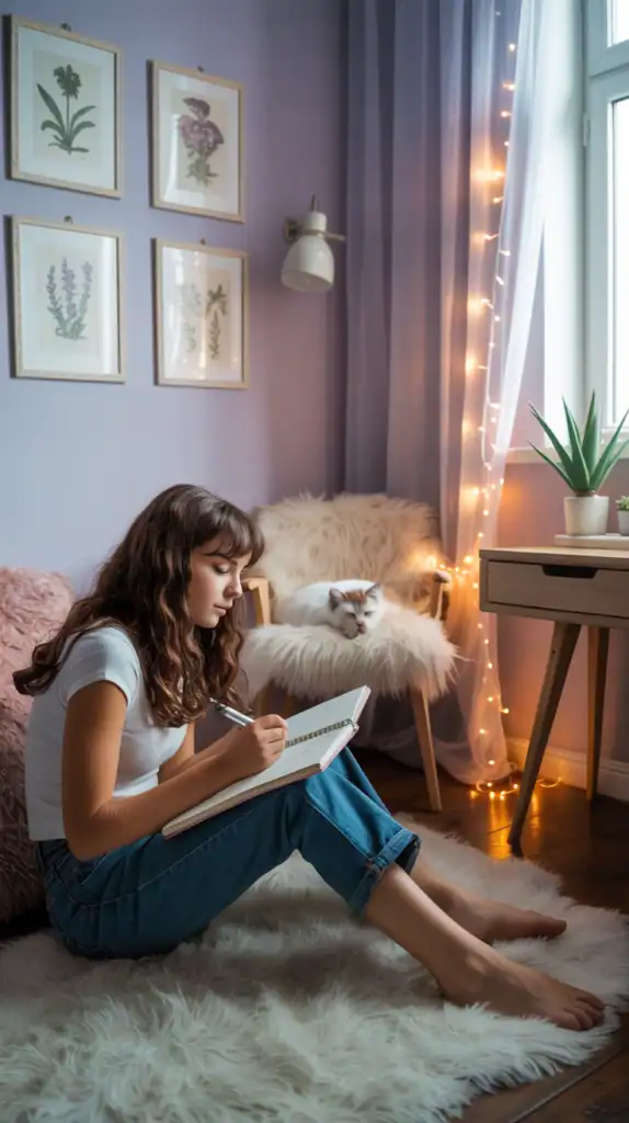 A teen bedroom A bright and airy teen bedroom with soft window treatments and floral decorations.