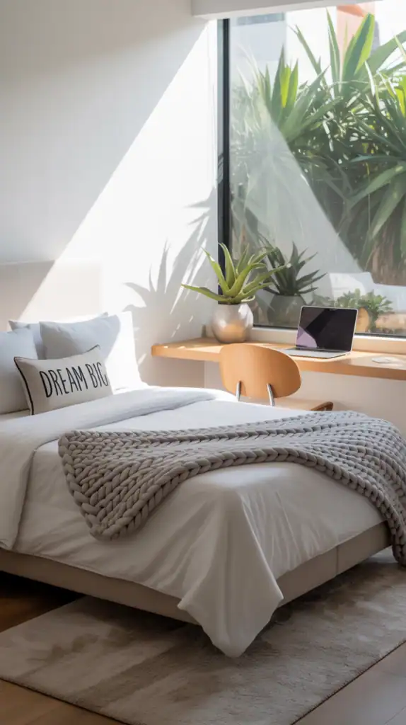 A teen bedroom A modern minimalist teen bedroom featuring a cozy bed, sleek desk, and natural decor