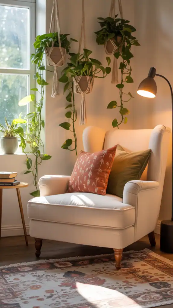 A cozy bedroom corner with soft pillows, hanging plants, and natural light.