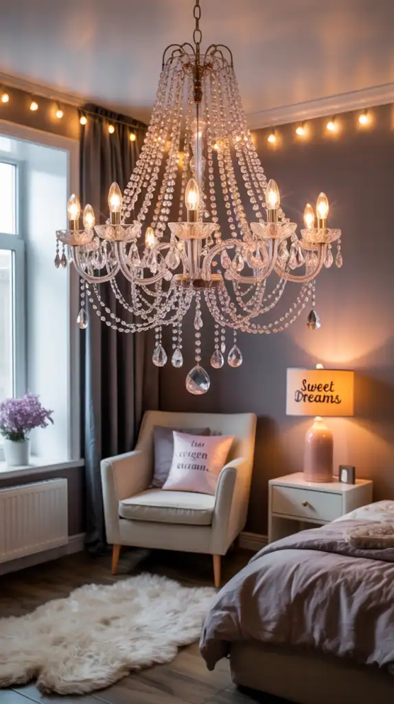 A stylish chandelier in a cozy teen bedroom with warm lighting.