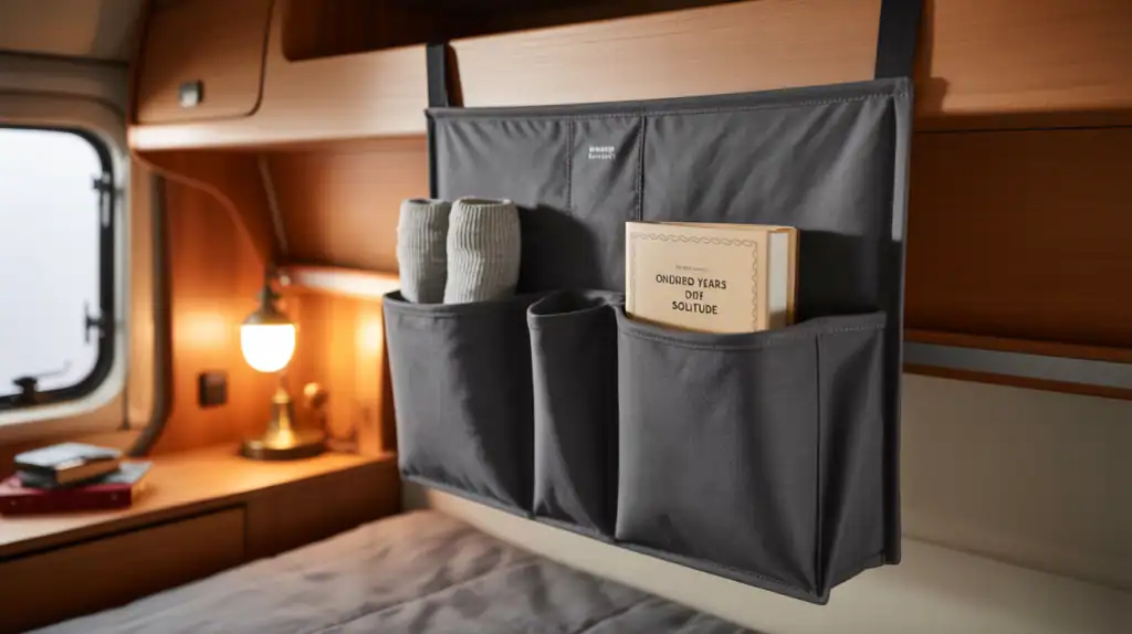 Bedside caddy organizer for small camper bed storage
