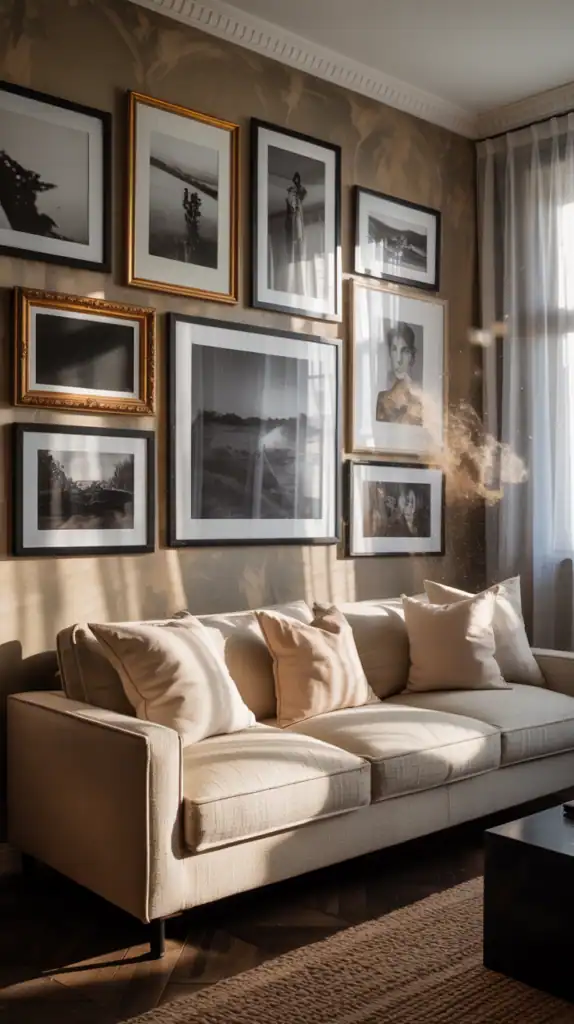 A stylish gallery wall featuring black and white photos in various frames above a cozy sofa in a sunlit living room.