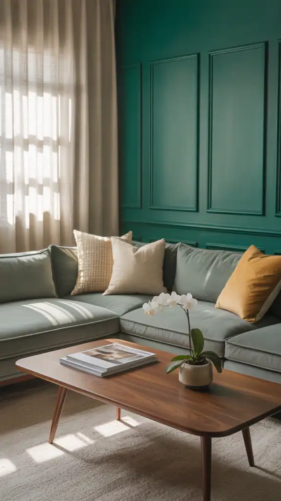 A living room featuring a vibrant green accent wall, modern furniture, and stylish decor.