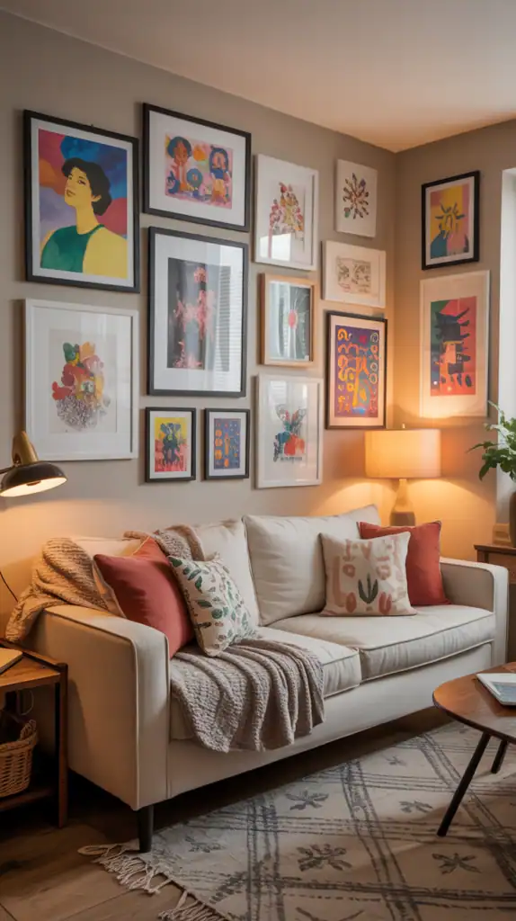 A vibrant gallery wall featuring colorful artwork, including illustrations and graphic designs, enhancing a small apartment's personality.