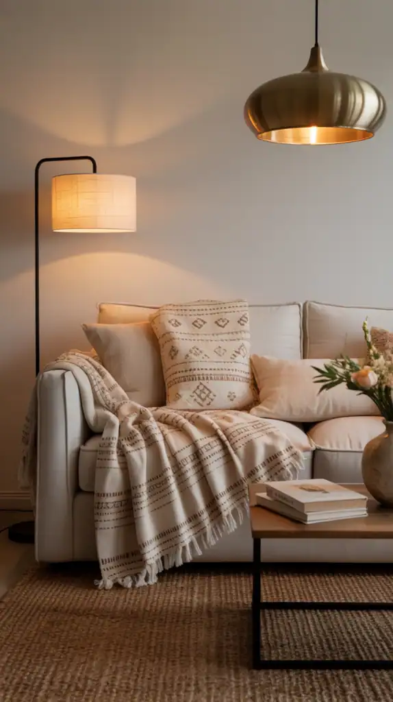 A warm and cozy living room featuring personalized lighting solutions, including hanging pendant lights and a floor lamp.