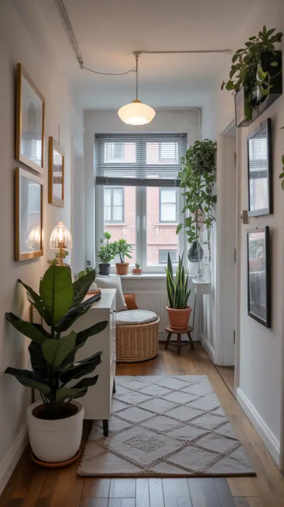A cozy hallway in a small apartment, featuring a blend of plants, artwork, and personalized decor.
