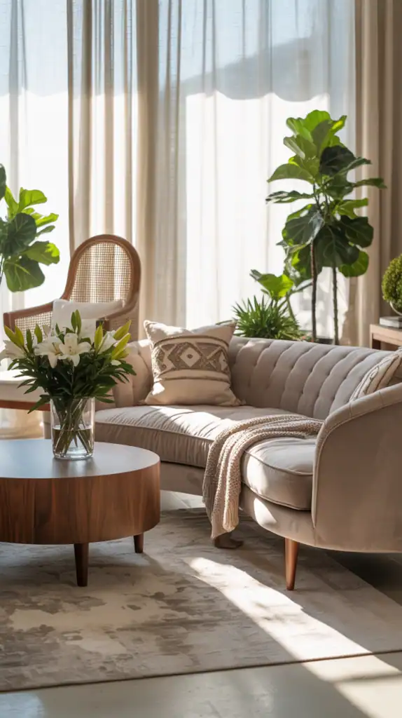A cozy living room with a stylish sofa, accent chair, round coffee table, and plants, showcasing unique furniture choices.