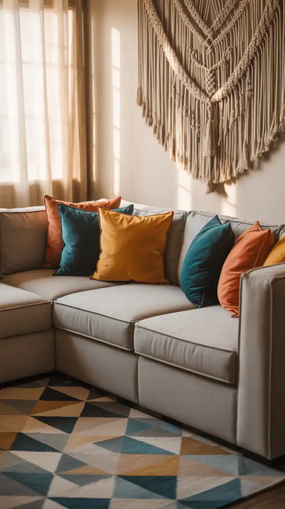 A cozy living room with a gray sectional sofa, colorful throw pillows, a patterned area rug, and macramé wall decor.