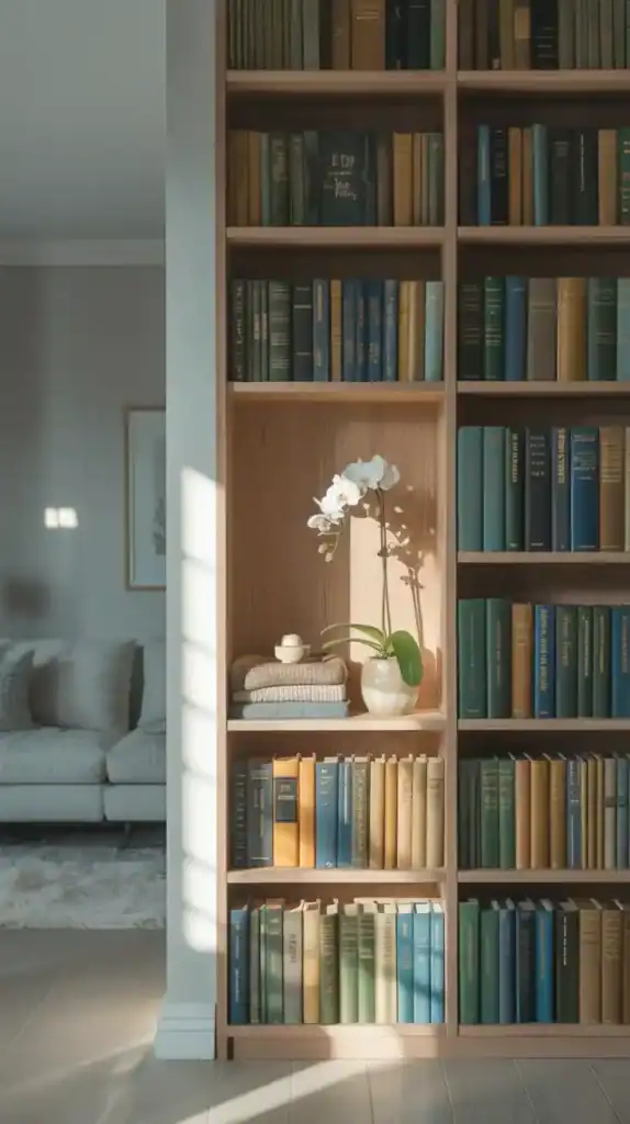 A well-organized bookshelf filled with books and decorative items in a stylish small apartment.