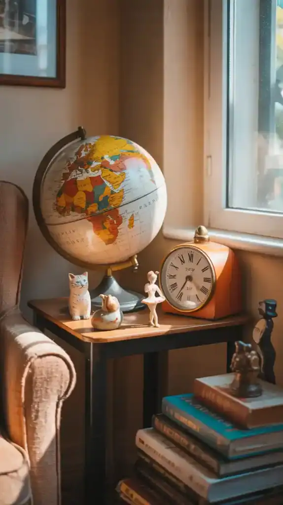 A cozy corner of a small apartment filled with colorful knick -knacks, including a globe, an orange clock, and various figurines.
