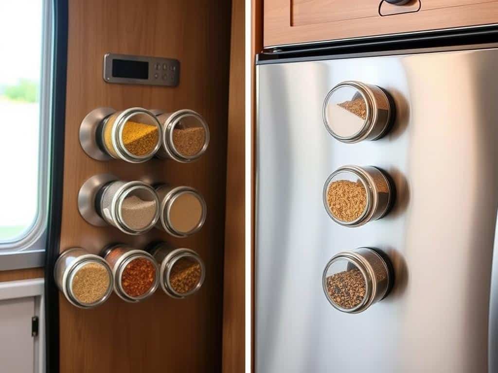 Magnetic spice containers attached to metal surface in small camper kitchen Magnetic spice containers attached to metal surface in small camper kitchen