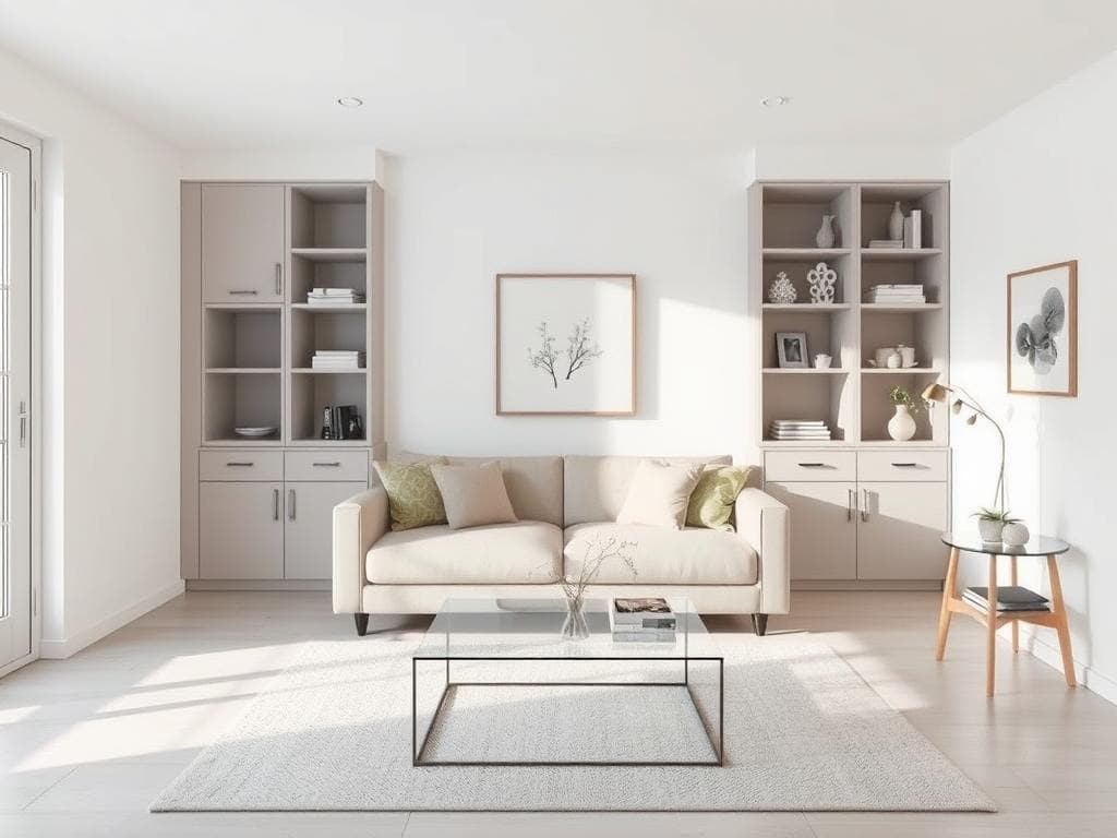 Minimalist small living room with clever hidden storage and clean surfaces
