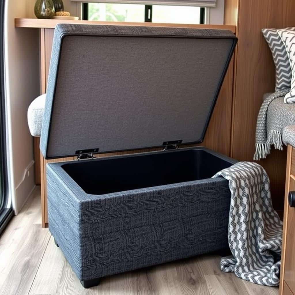 Multi-functional ottoman with storage in a stylish camper interior