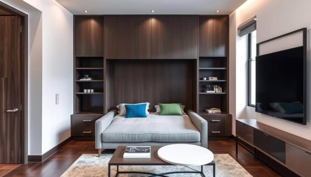 Murphy bed folded into wall cabinet in a studio apartment
