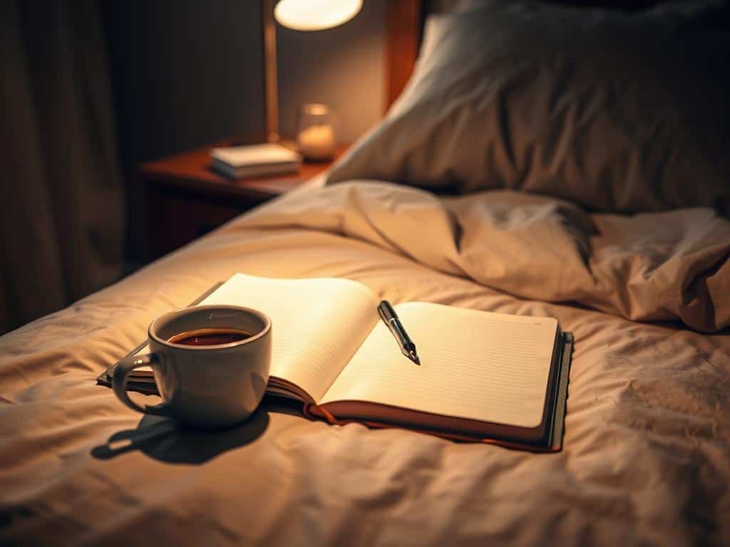 Peaceful bedroom setup with journal and tea for evening self-care routine