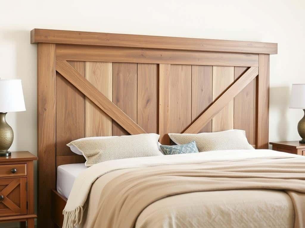 Rustic X-frame farmhouse headboard with weathered oak finish