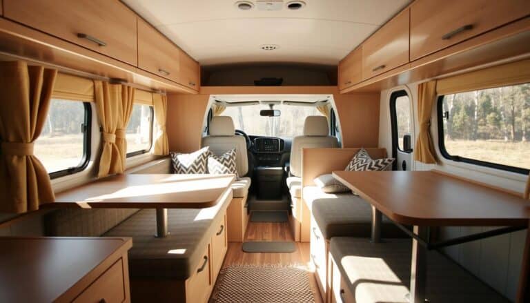 Small camper interior with space-saving furniture showing efficient layout