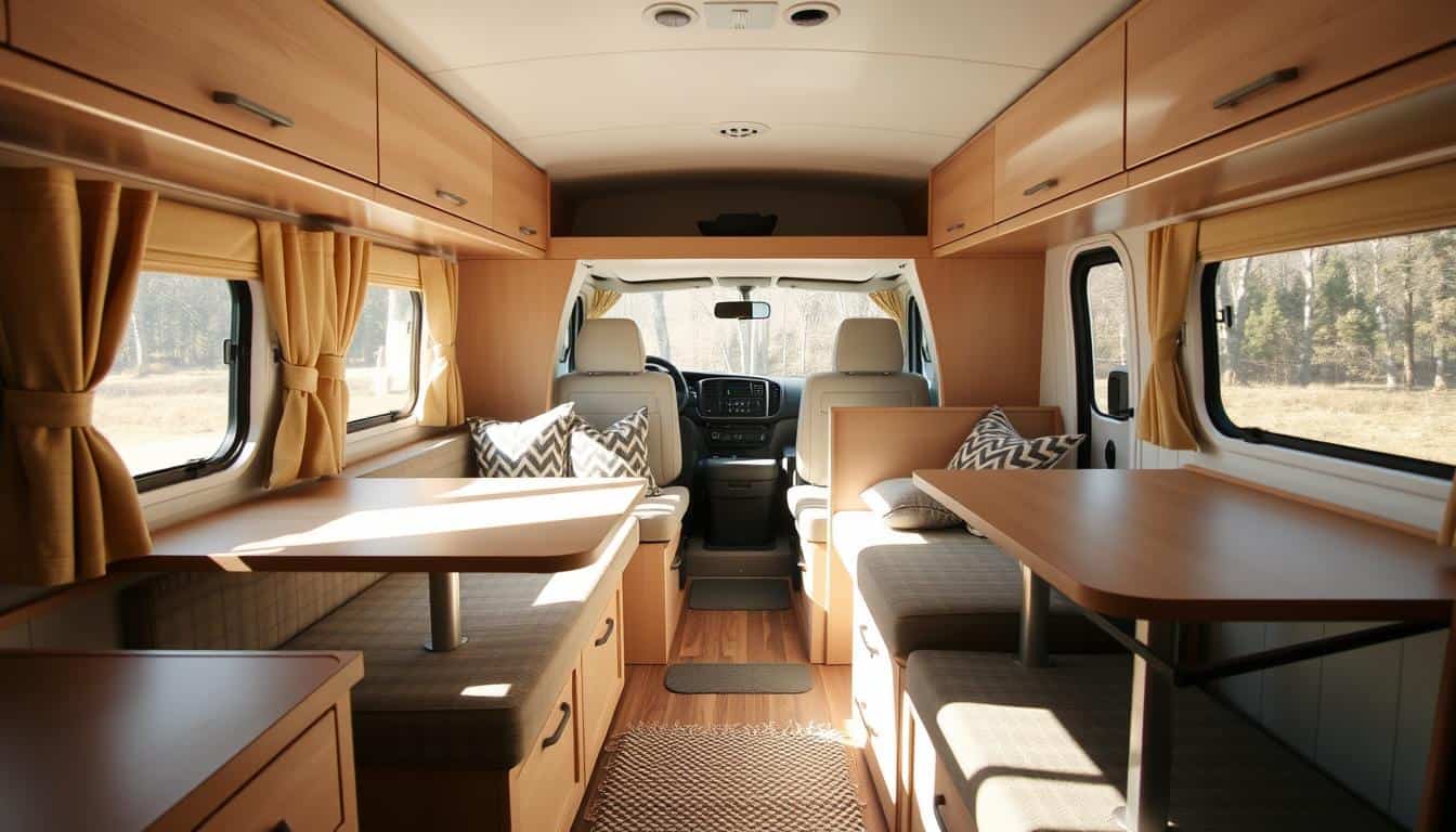 Small camper interior with space-saving furniture showing efficient layout