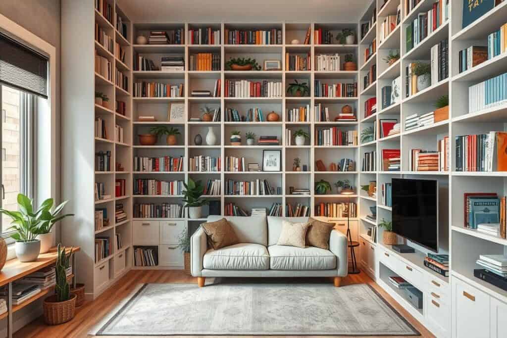 Small living room with floor-to-ceiling bookshelves and vertical storage solutions