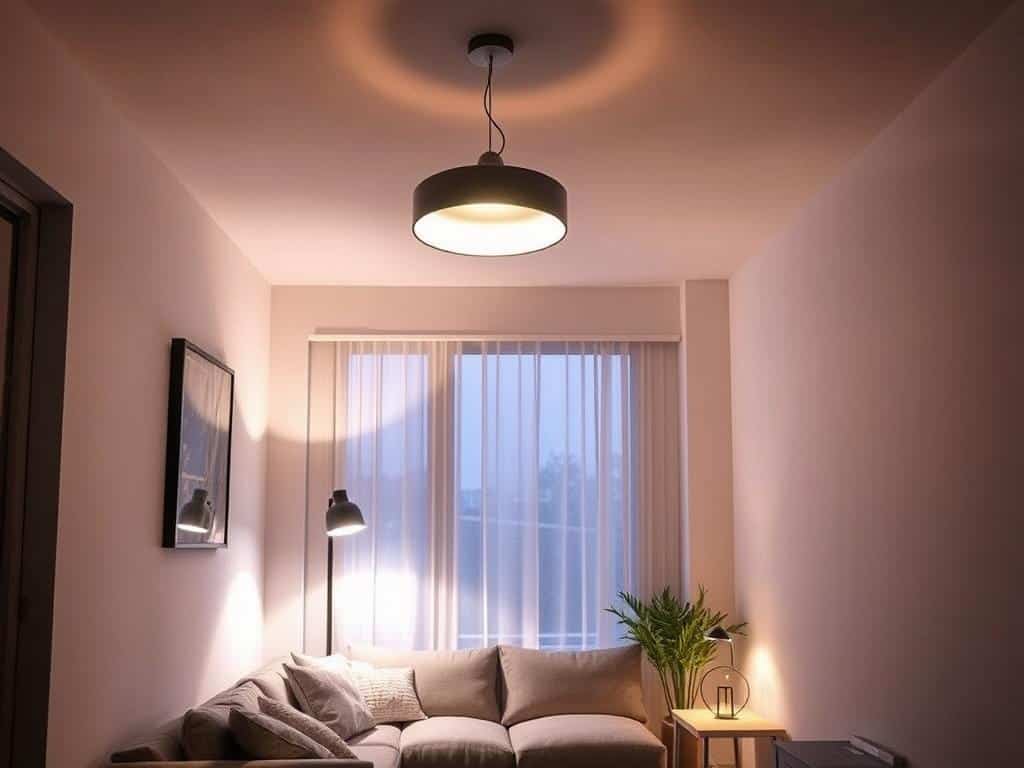 Small living room with layered lighting including ceiling fixture, floor lamp, and table lamp