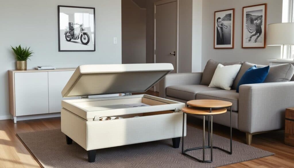 Small living room with multifunctional furniture including storage ottoman and nesting tables