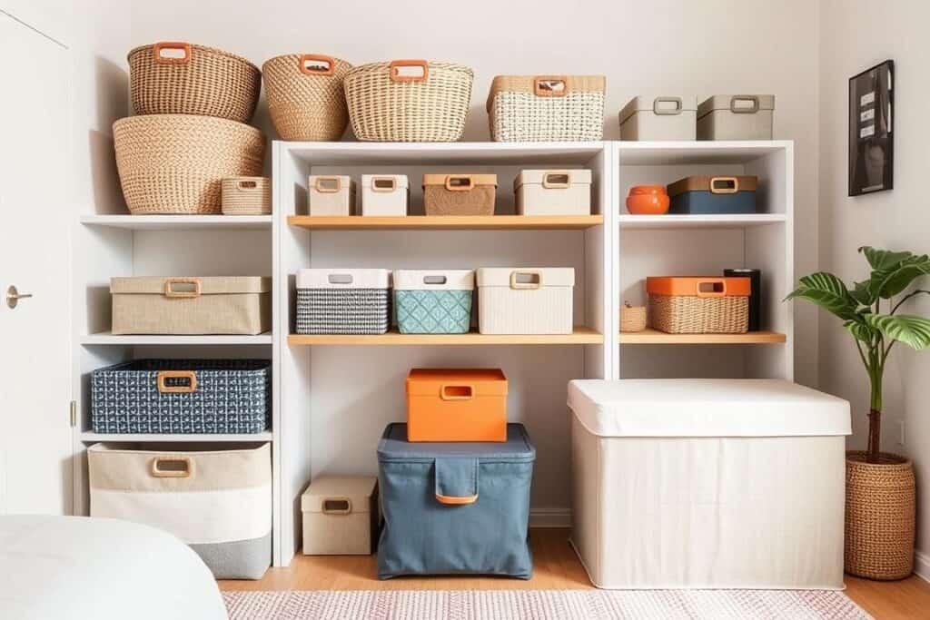 Studio apartment with cohesive color scheme and matching storage