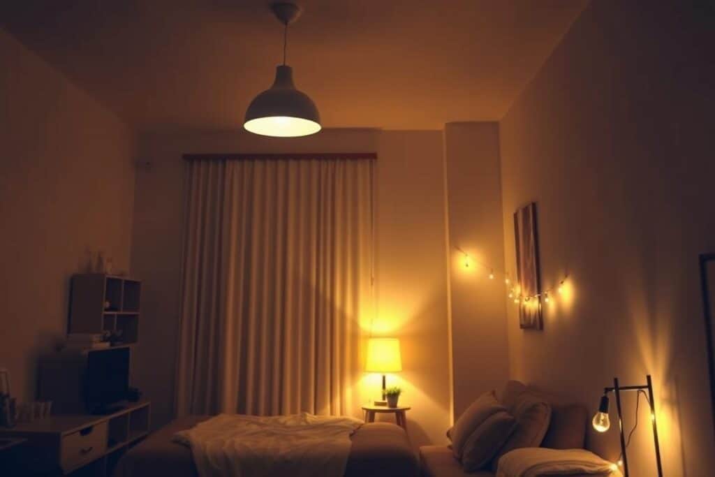 Studio apartment with layered lighting creating ambiance