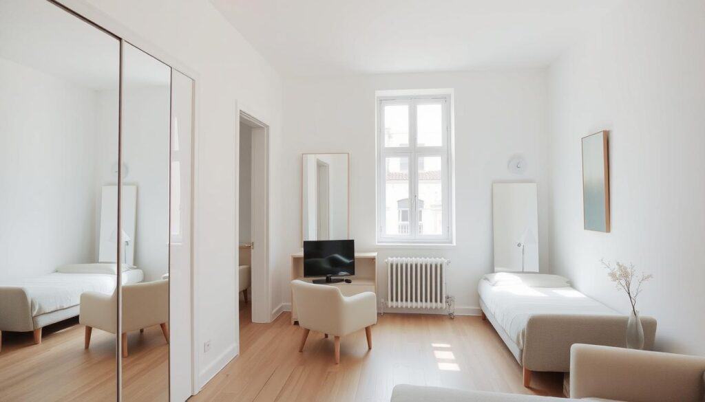 Studio apartment with strategically placed mirrors to create depth