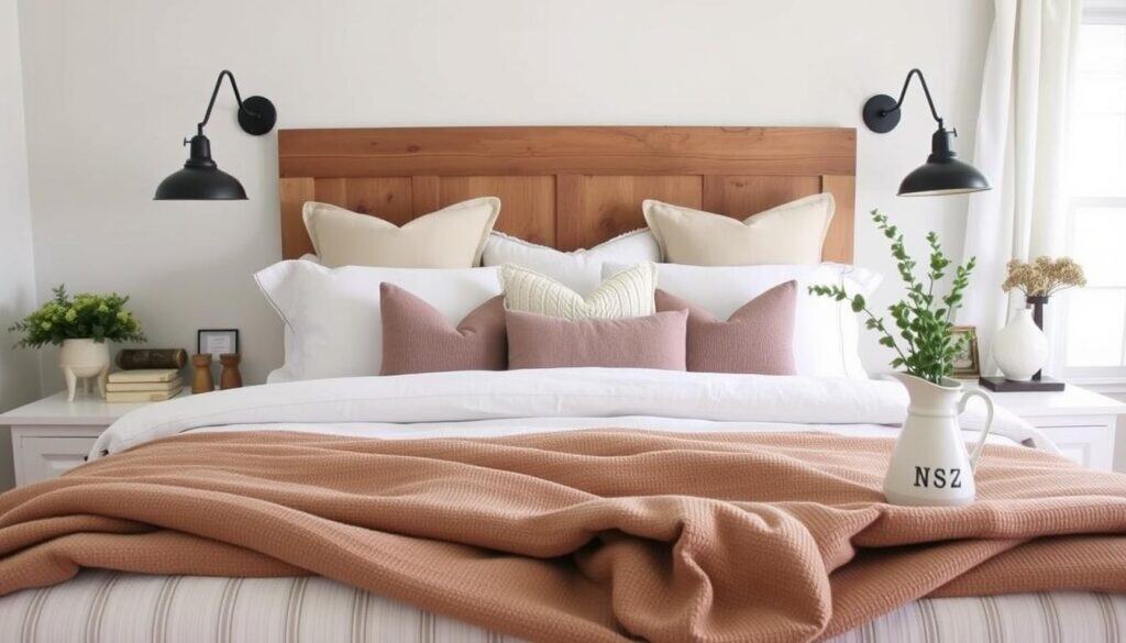 Styled farmhouse bedroom with DIY headboard, neutral bedding, and vintage accessories