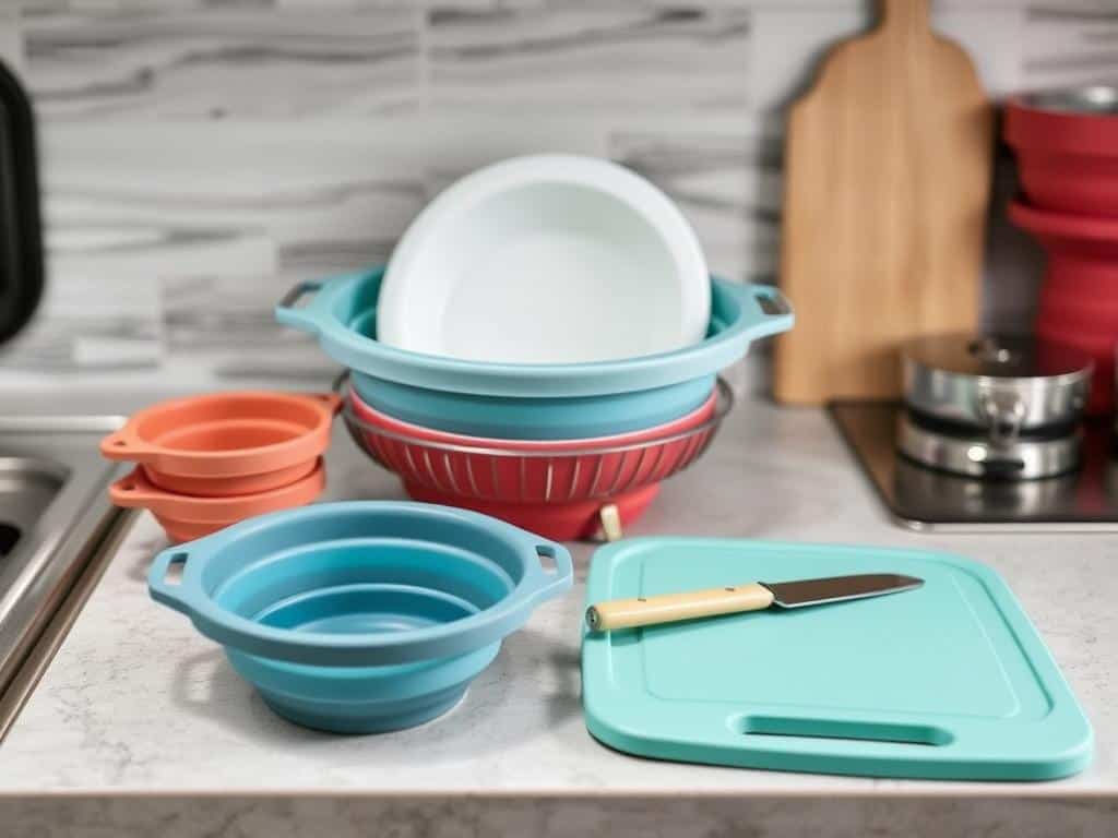 Stylish collapsible kitchen accessories in a camper kitchen