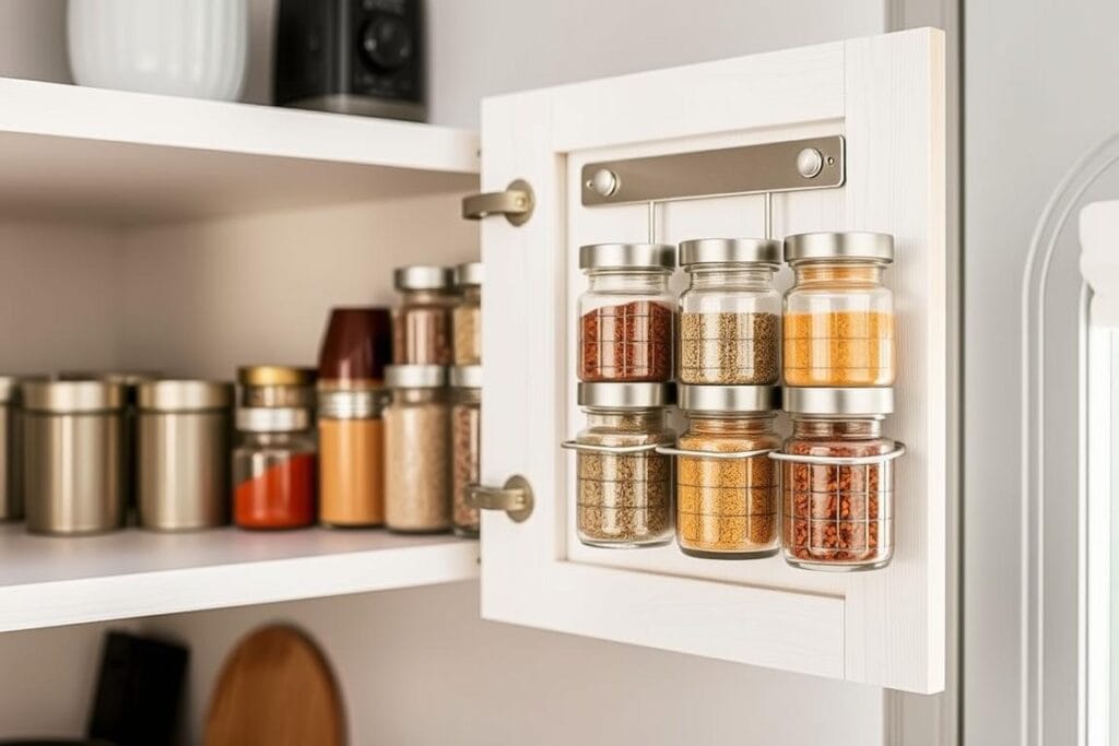 Stylish magnetic spice rack mounted inside a camper kitchen cabinet