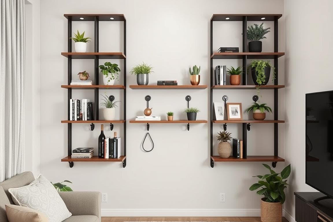 Stylish wall-mounted storage system with floating shelves and hooks in a small apartment living room