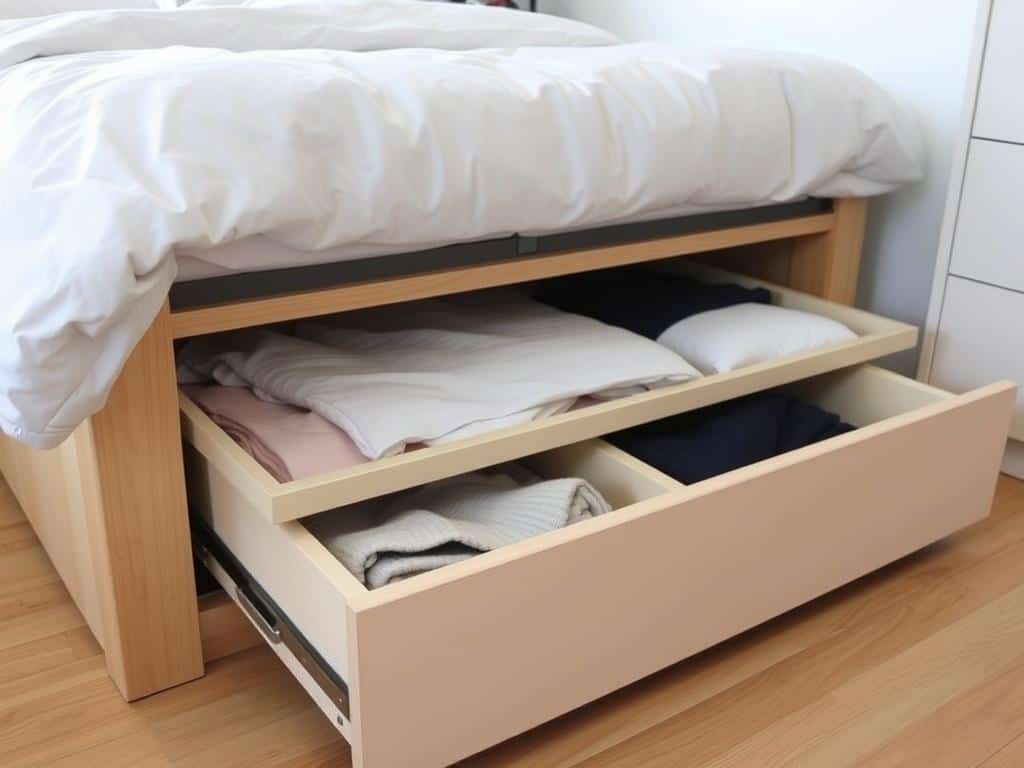 Under-bed storage drawers in a studio apartment bedroom area