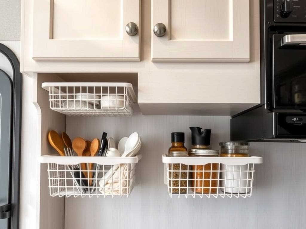 Under-cabinet storage baskets for small camper interior organization Under-cabinet storage baskets for small camper interior organization