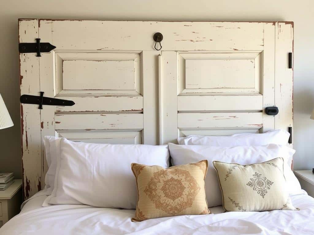 Vintage door repurposed as farmhouse headboard with original hardware