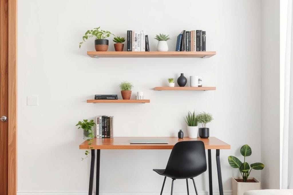 Wall-mounted shelving above a desk in a studio apartment
