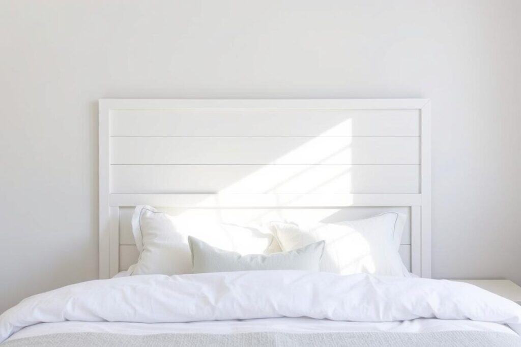 White shiplap farmhouse headboard with horizontal planks and simple trim