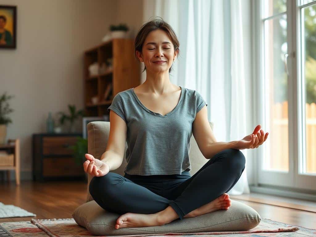 Woman practicing a simple meditation as part of mental health self-care