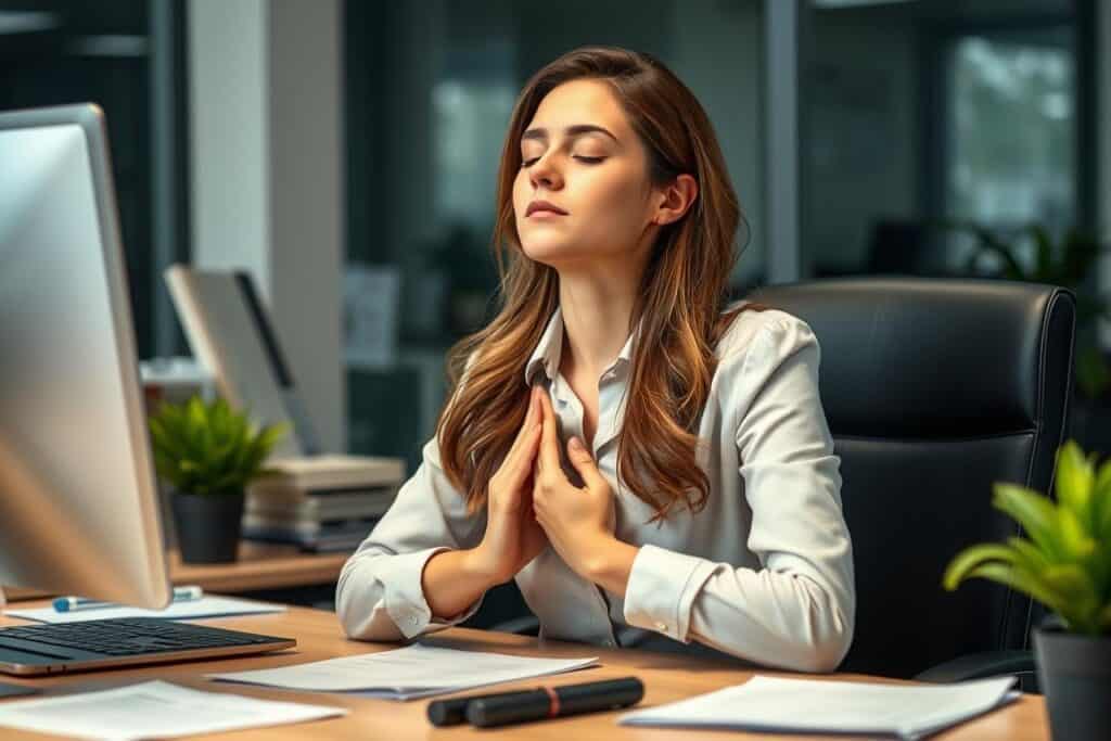 Woman taking a short mindful break at her desk with breathing exercise