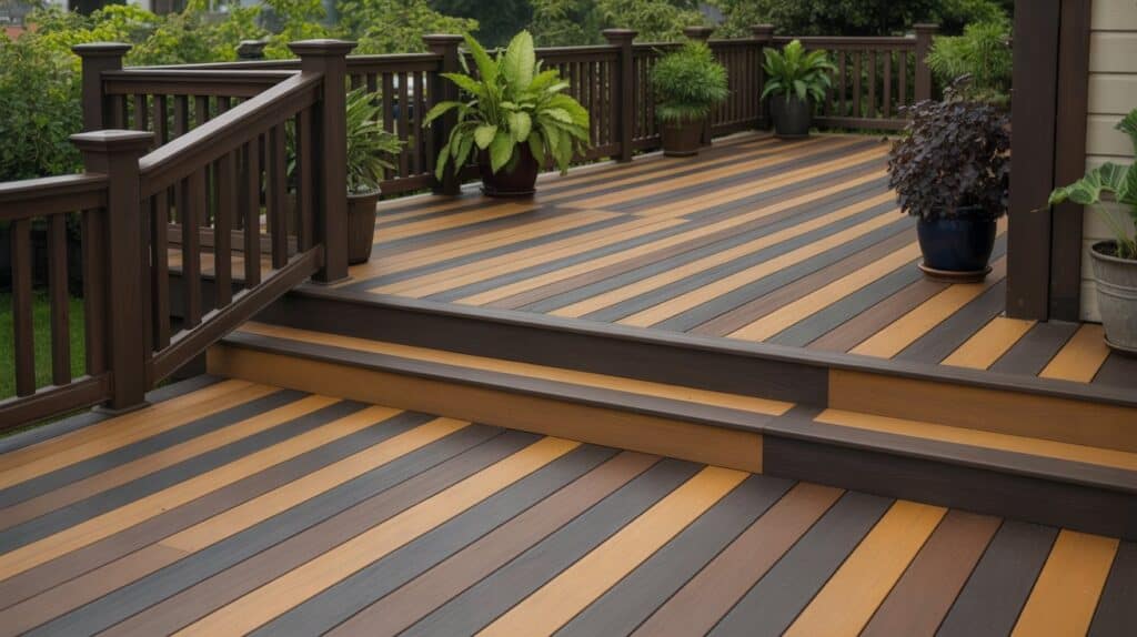 Multi-level deck with dark walnut railings and golden-toned floorboards using two-tone stain design.