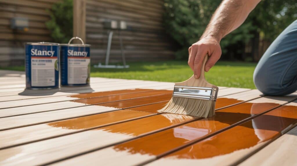 Homeowner applying deck stain with wide brush on clean planks for smooth, even finish.