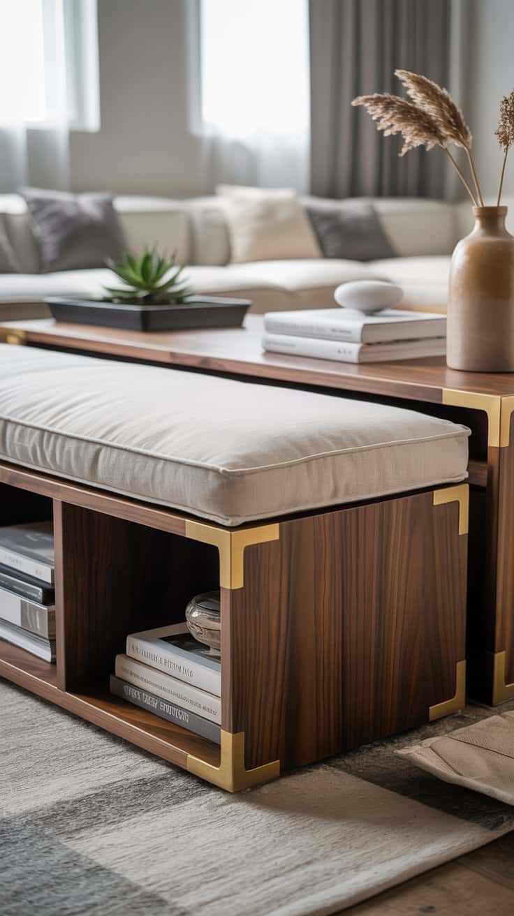 A stylish multi-functional bench with storage, adorned with a cushion and decorative items.