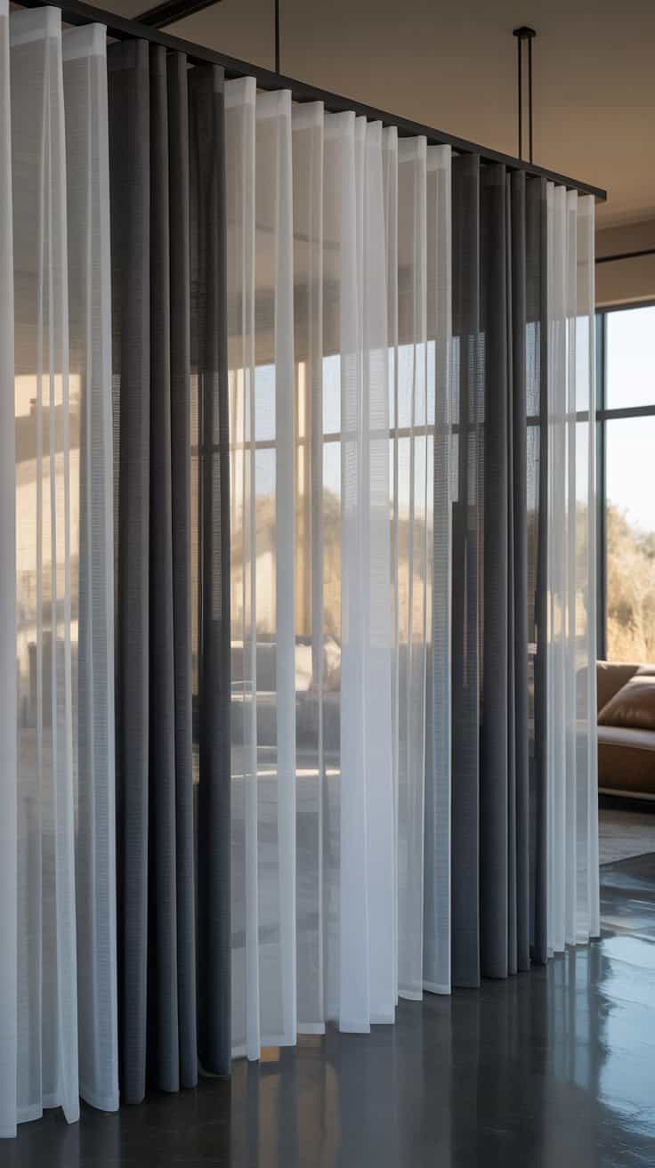 A stylish room divider created with sheer and solid curtains hung from a rod.