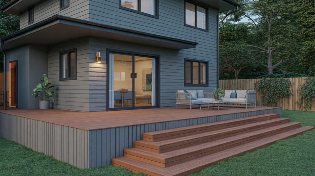 Two-tone deck with gray skirting and warm cedar flooring showing stylish color contrast.