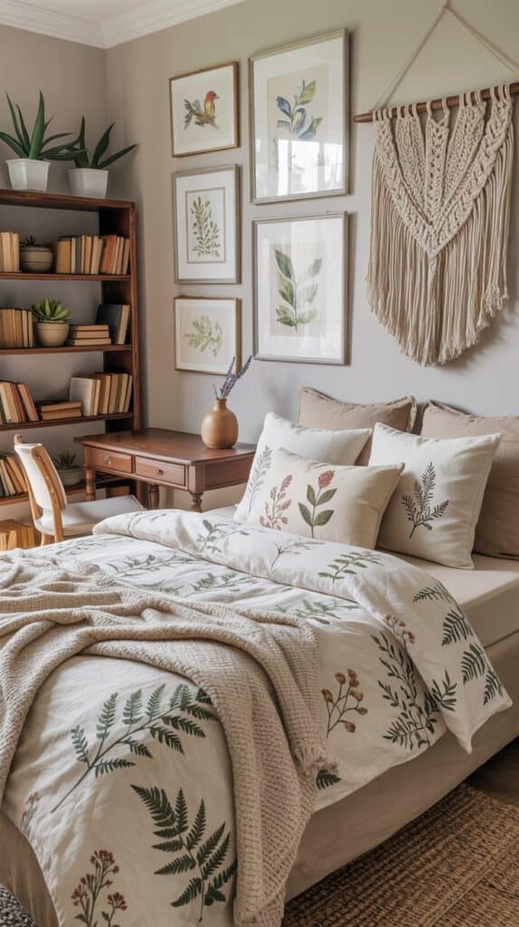 A beautifully decorated teen bedroom featuring nature-inspired wall art with plants and birds, a cozy bed with botanical linens, and wooden furniture.