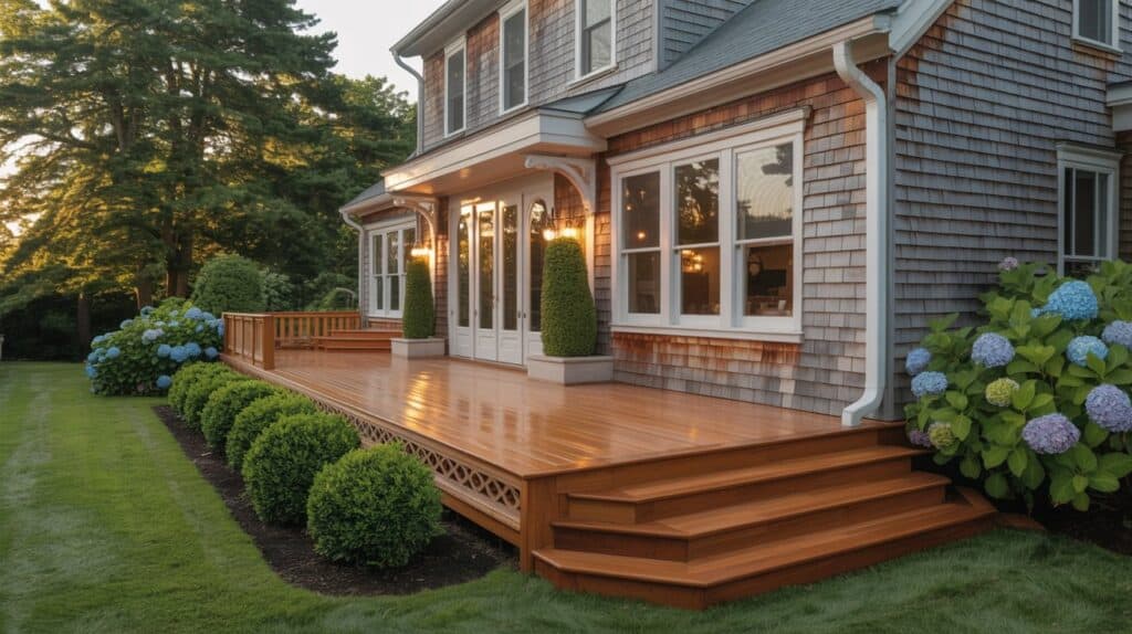 Cedar-stained deck paired with gray siding to show how deck stain color complements home exteriors.