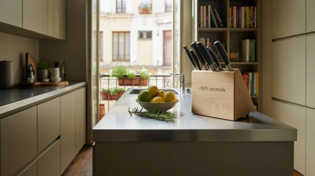 An aesthetically pleasing compact kitchen with sleek, minimalist cabinetry and smart storage solutions. The scene is bathed in warm, natural lighting from large windows, creating a cozy and inviting atmosphere. In the foreground, custom built-in shelves and drawers maximize vertical space, housing a variety of kitchen essentials neatly organized. The middle ground showcases a central island with integrated storage, providing additional counter space and concealed storage. In the background, a neutral color palette and subtle textures complement the overall modern, yet functional design. The composition emphasizes the efficient use of limited space, showcasing innovative storage ideas for a small apartment kitchen.