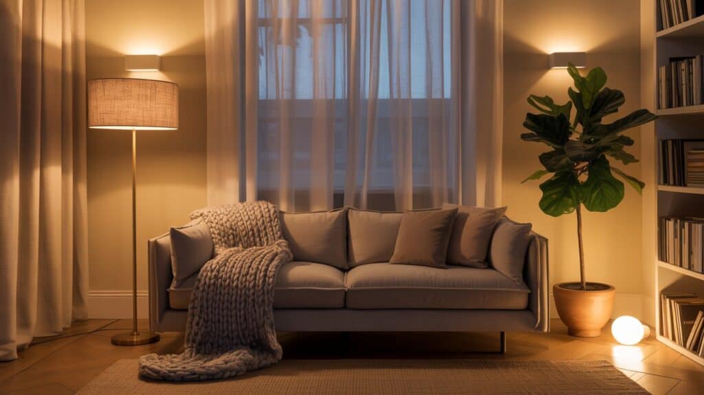 Layered lighting ideas: a cozy, well-lit apartment interior with a soft, warm glow. In the foreground, a mix of table lamps and floor lamps with dimmable bulbs casting a gentle illumination. In the middle ground, recessed ceiling lights and wall sconces provide a subtle, ambient luminance. The background features a large window with sheer curtains, letting in natural daylight and creating a serene, airy atmosphere. The lighting is thoughtfully arranged to highlight key decor elements, like shelves, artwork, and houseplants, creating a harmonious, inviting space. The overall effect is a cohesive, layered lighting design that enhances the small apartment's sense of comfort and coziness.