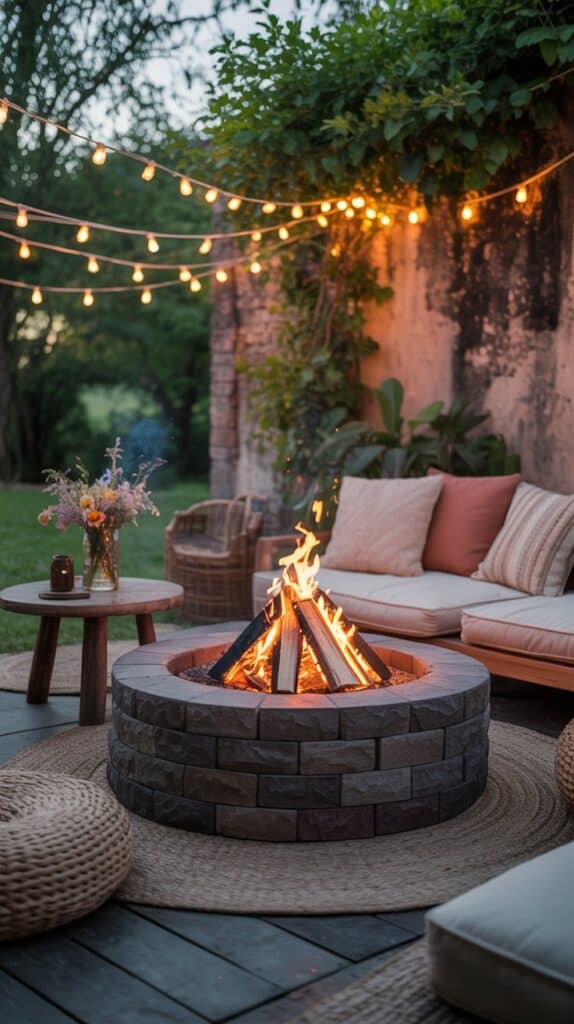 Cozy bohemian fire pit area with seating, warm flames, and string lights.